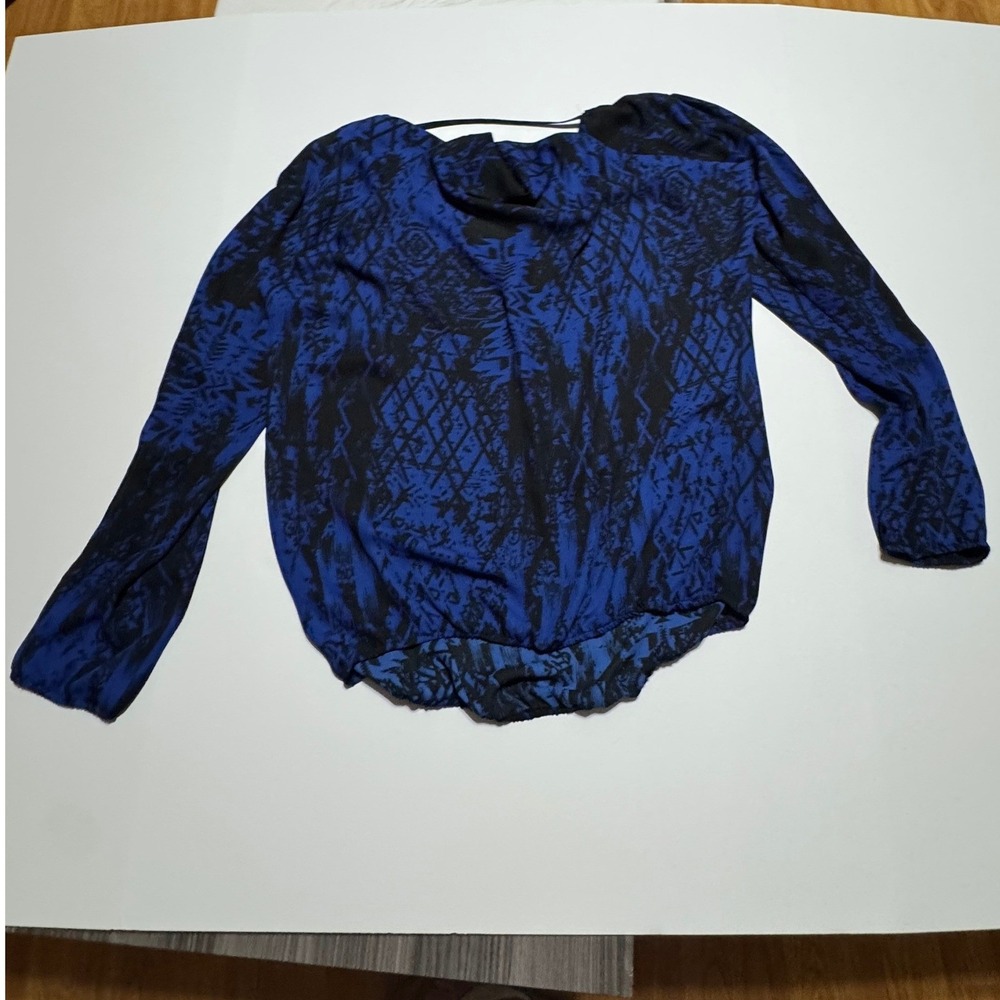 Heartsoul Blue Black Abstract Print Long Sleeve Bubble Hem Blouse Medium